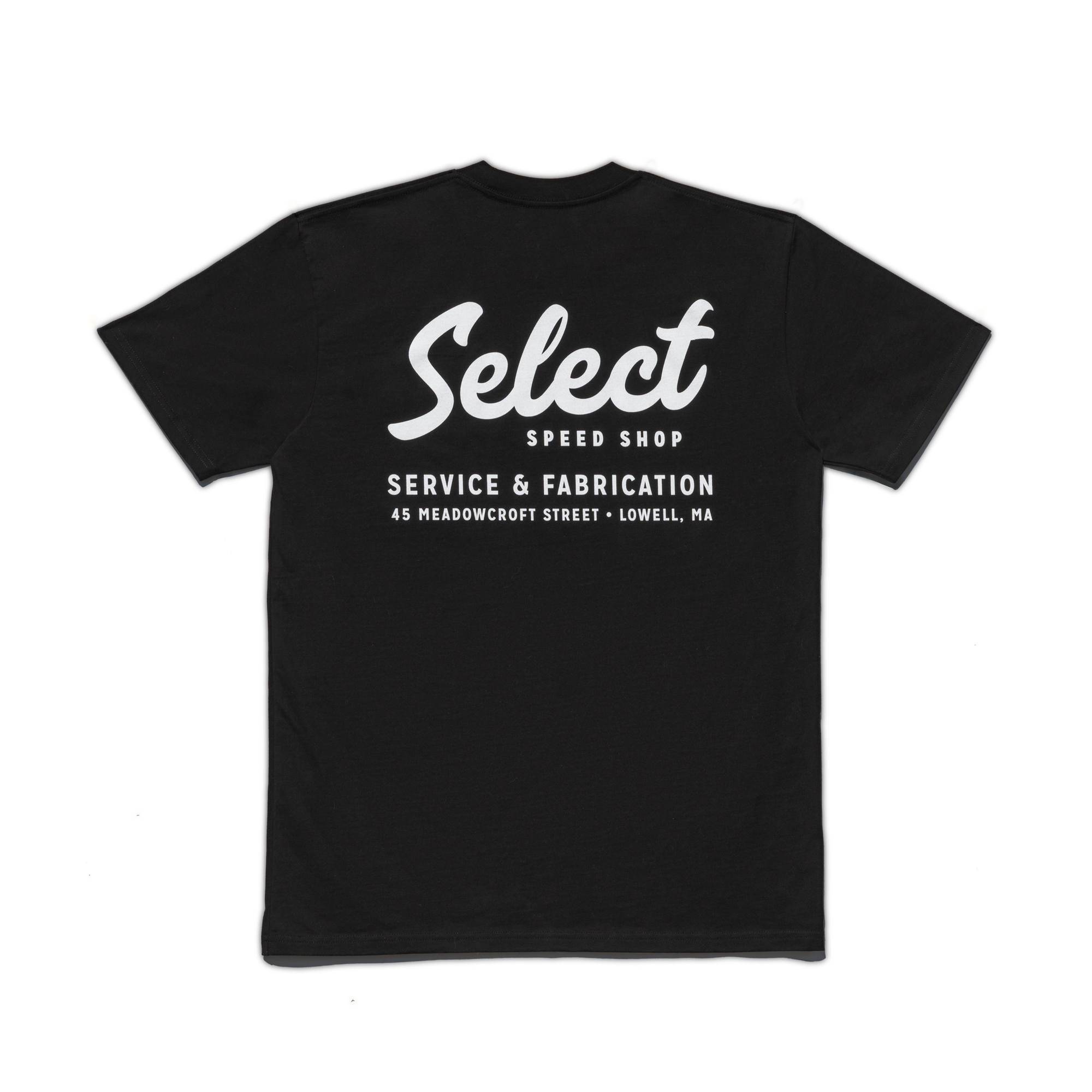 Black t-shirt with white text on a white background