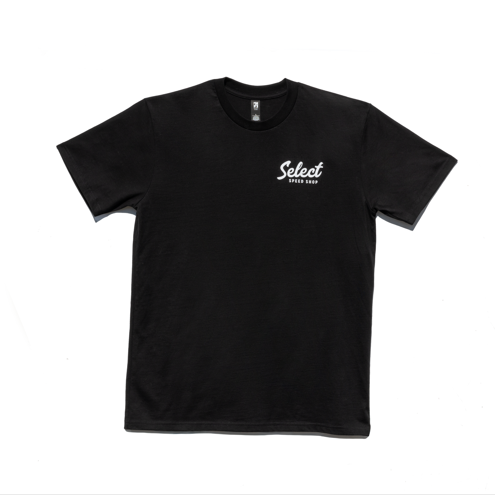 Black t-shirt with white logo on a white background