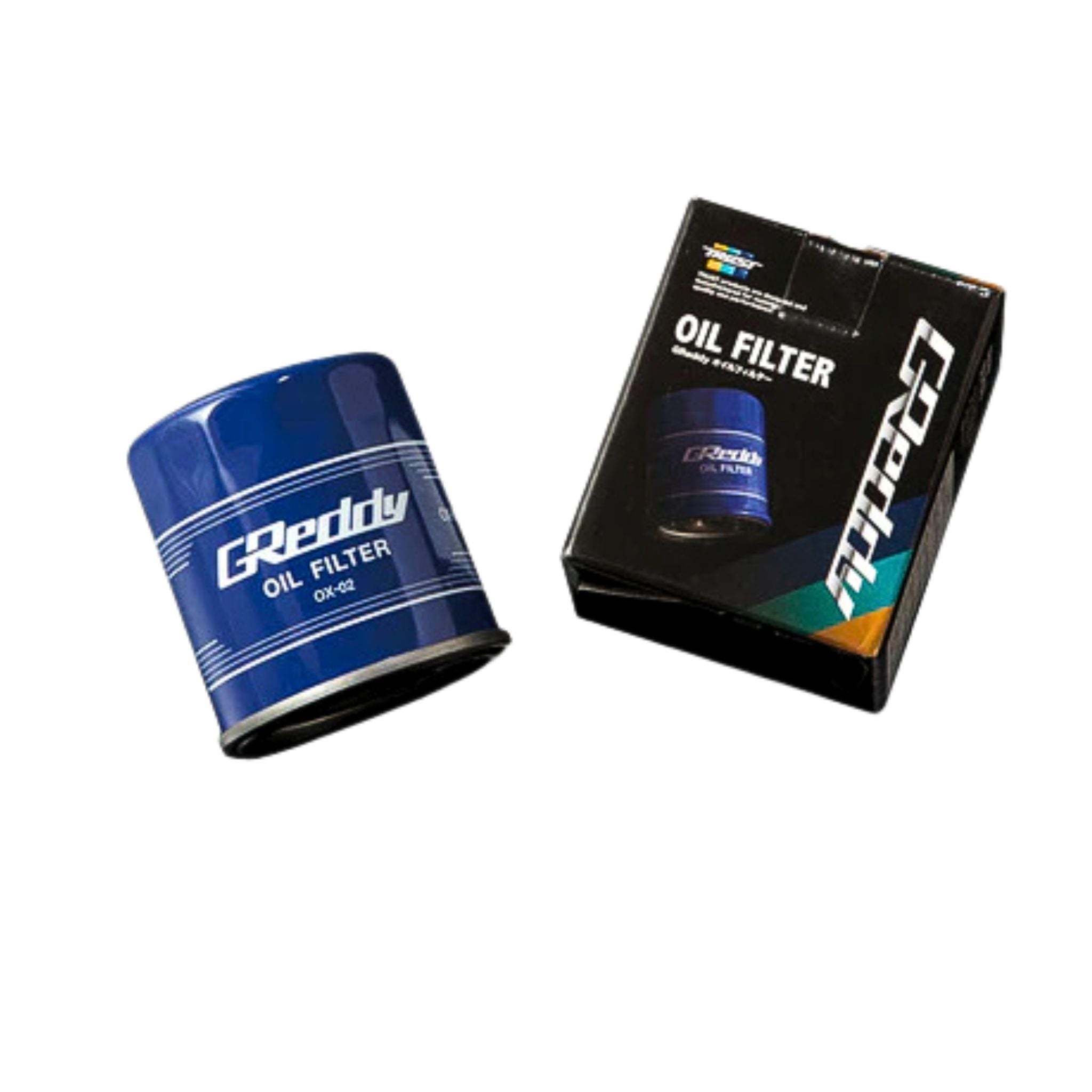 Blue oil filter with packaging on a white background