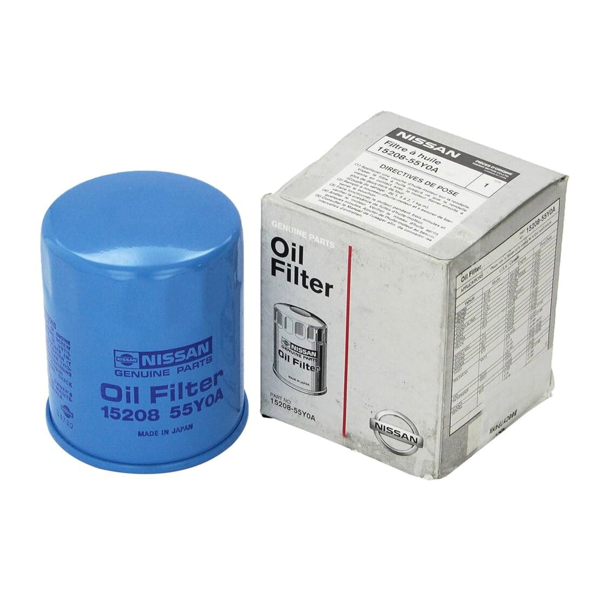 Blue oil filter with Nissan branding next to its packaging on a white background