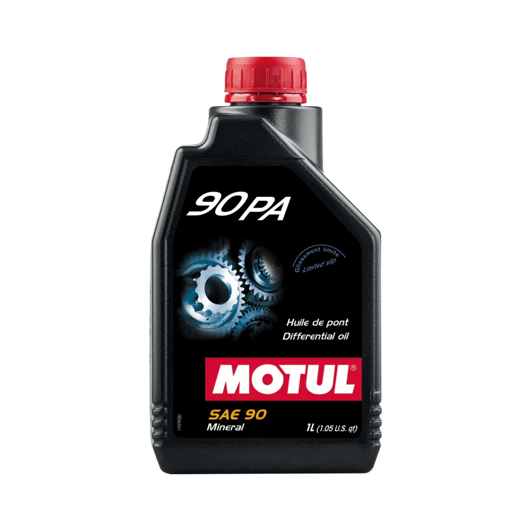 Motul differential oil bottle with red cap on a white background