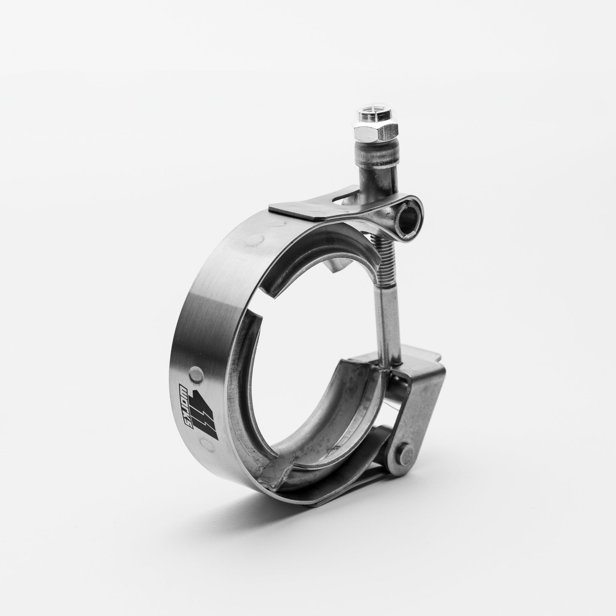 Metallic clamp on a white background