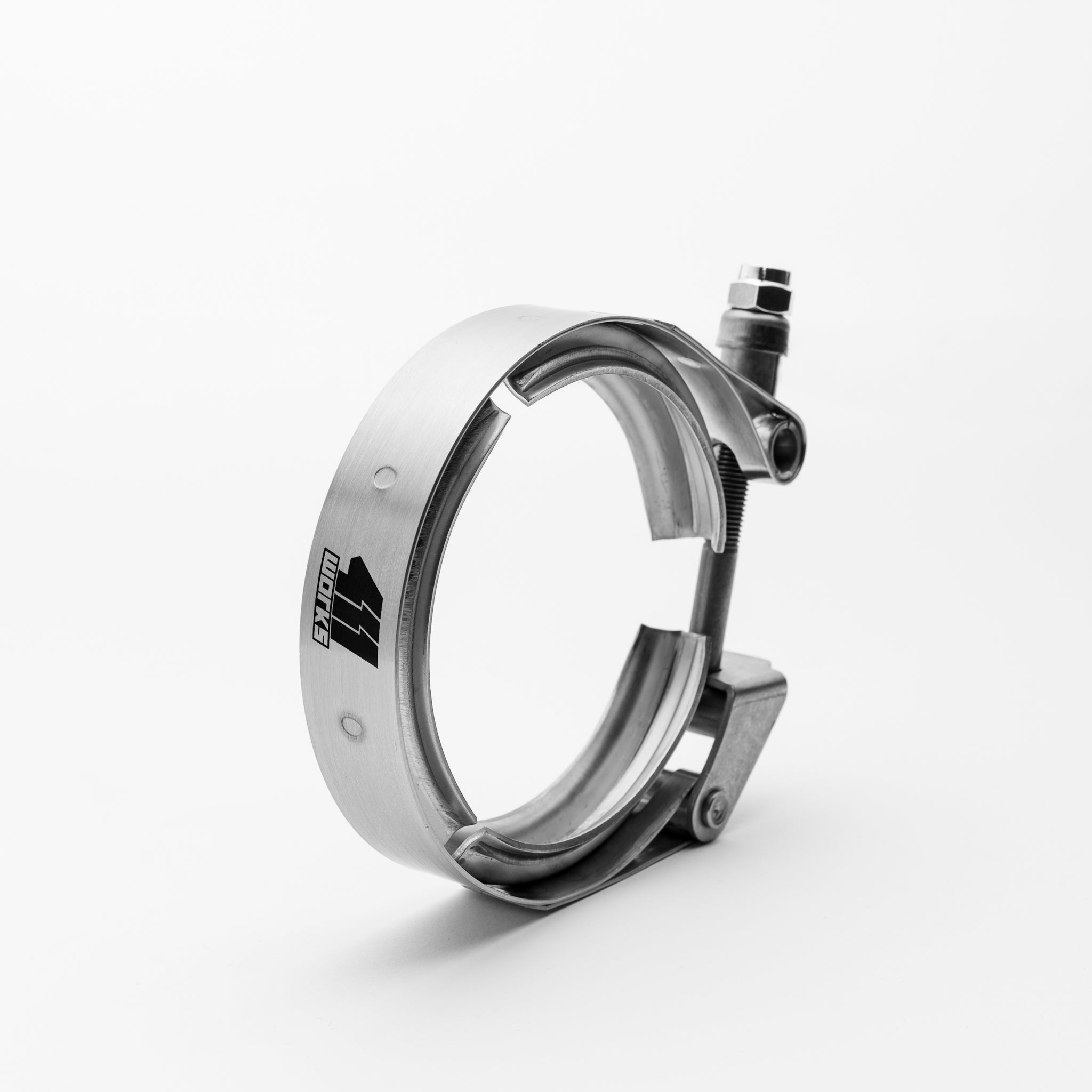 Metallic clamp on a white background