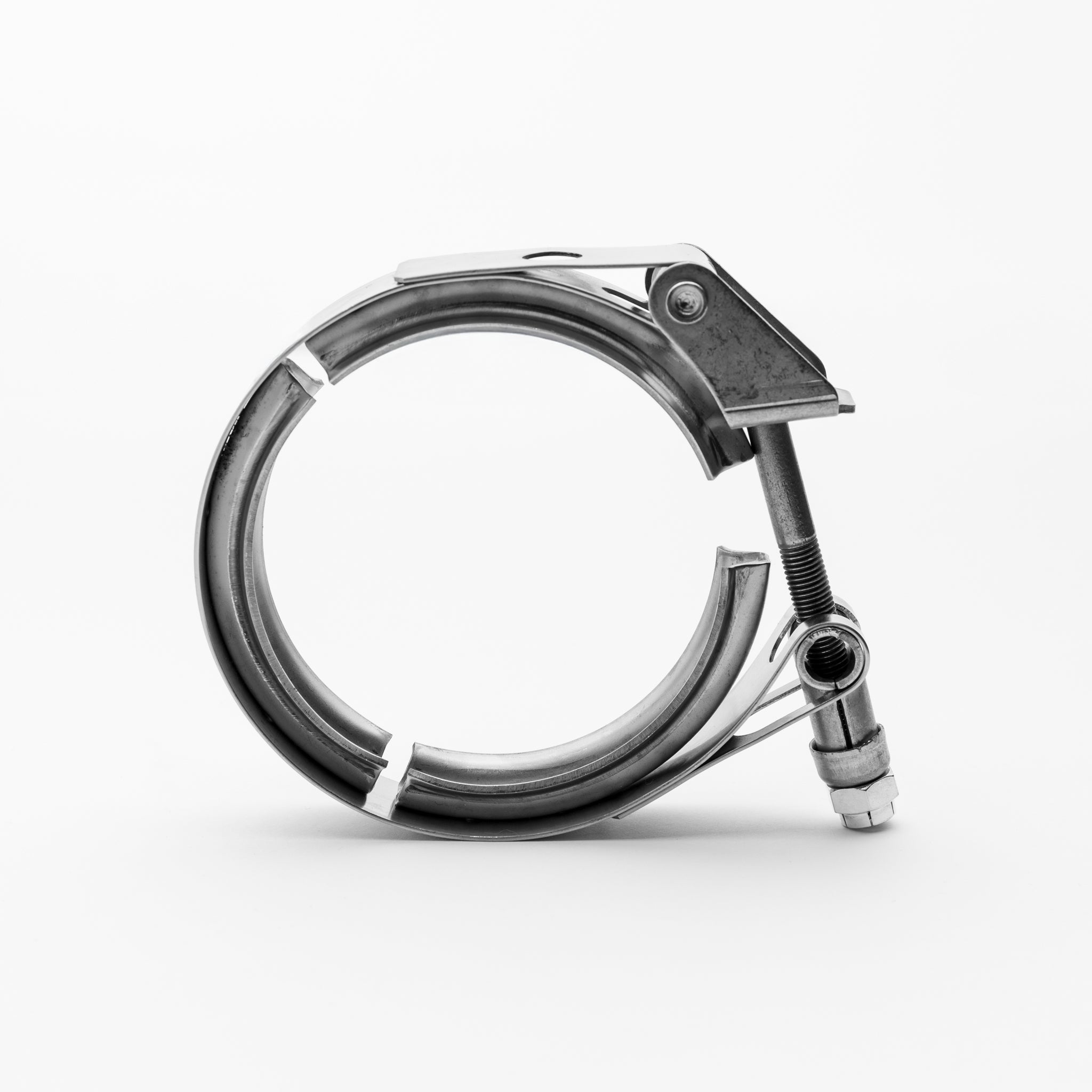 Metal hose clamp on a white background