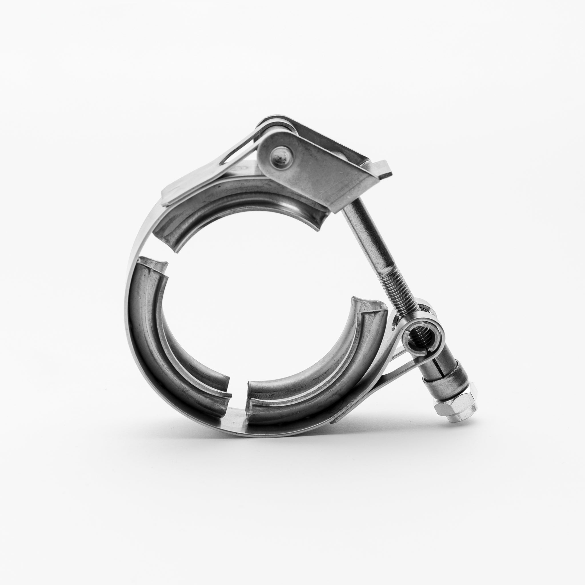 Metal clamping device on a white background