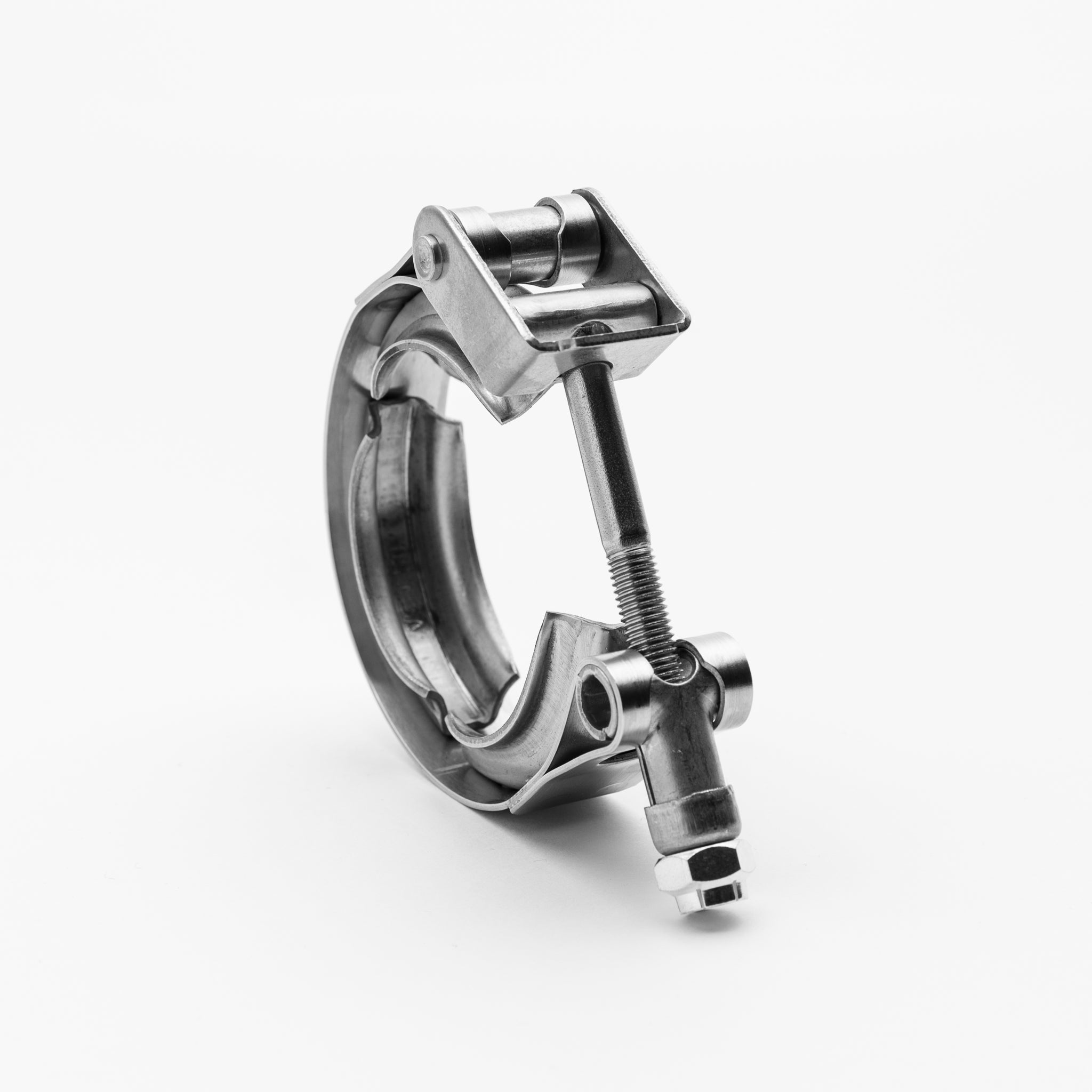 Metallic clamp on a white background
