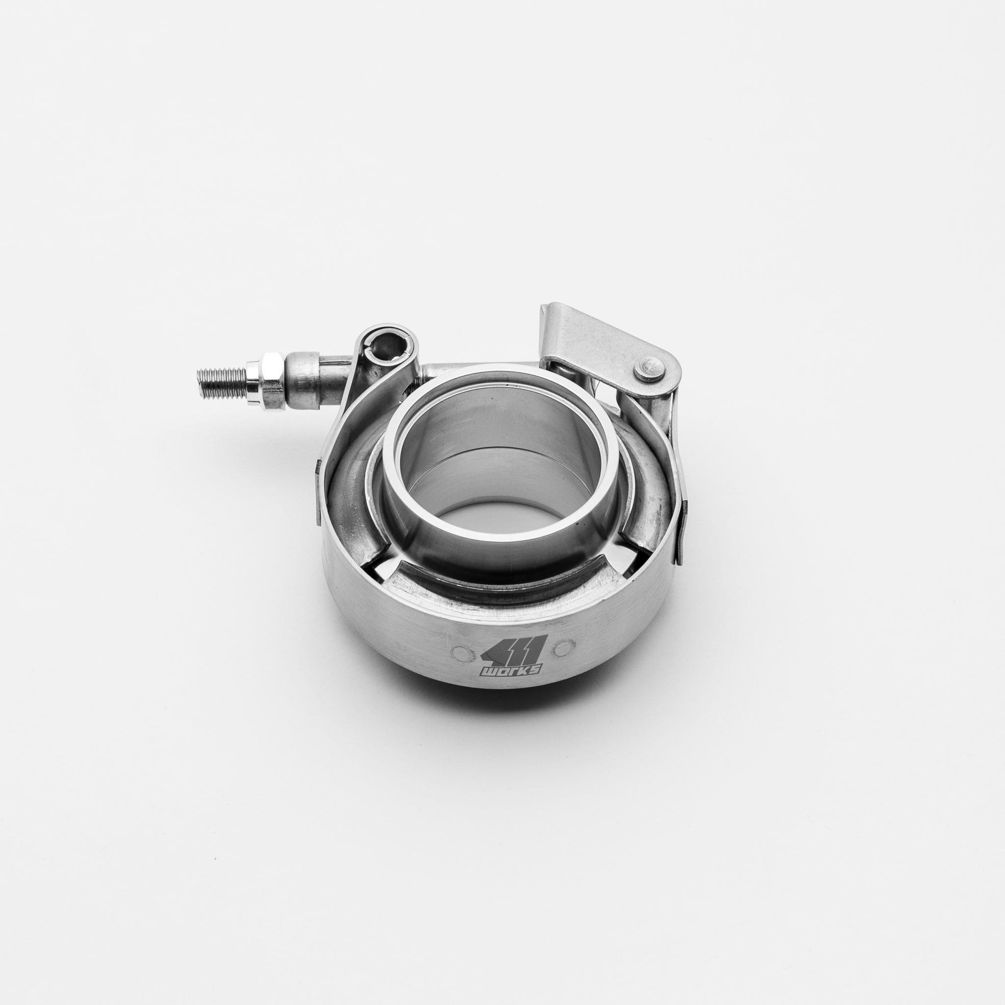 Metal clamping device on a white background