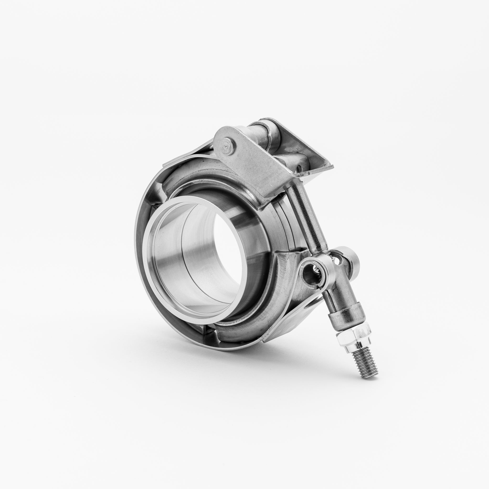Metal clamping device on a white background