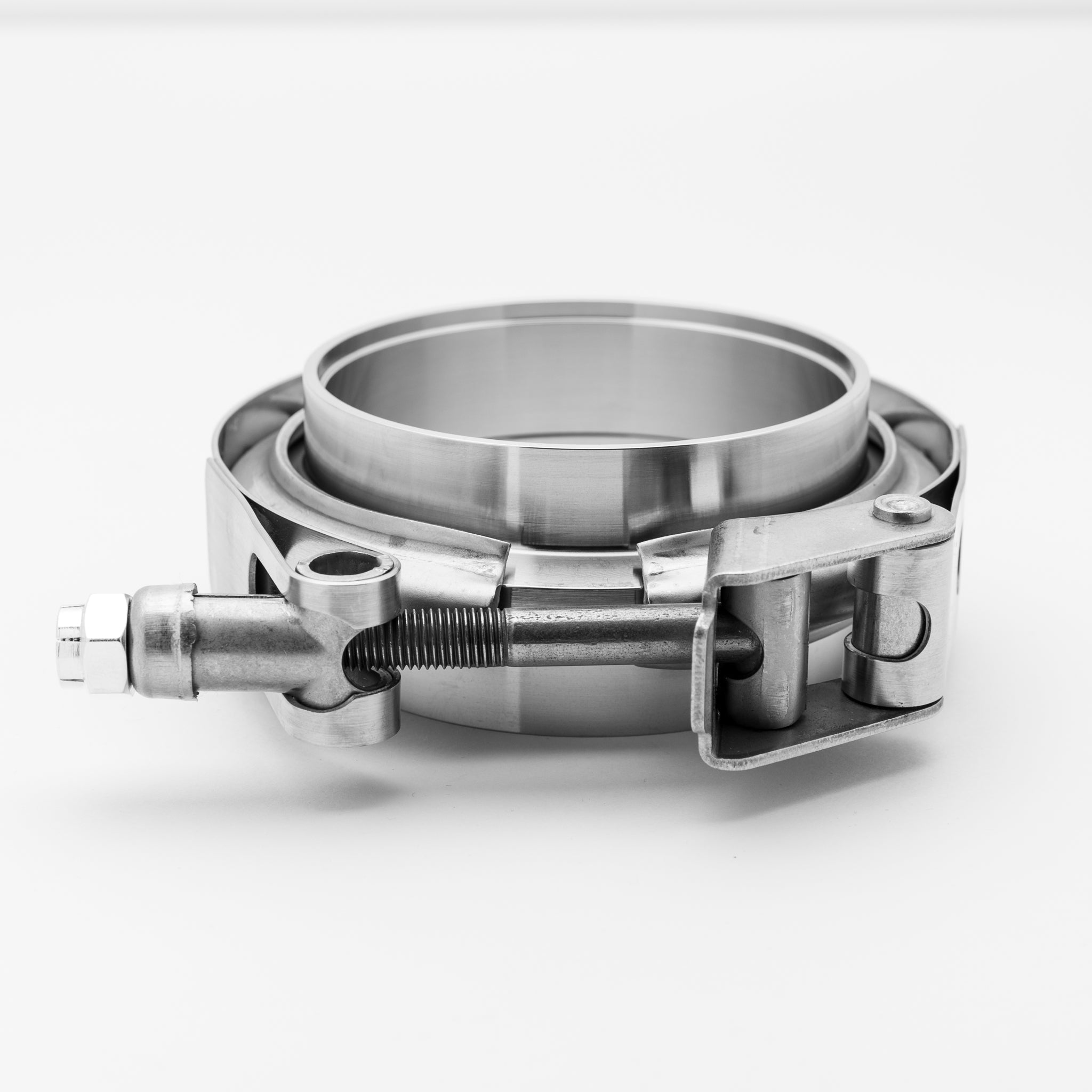 Metallic clamp or connector on a white background