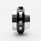 Black and silver mechanical component on a white background