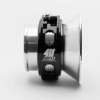 Close-up of a car wheel hub with '411 works' branding on a white background