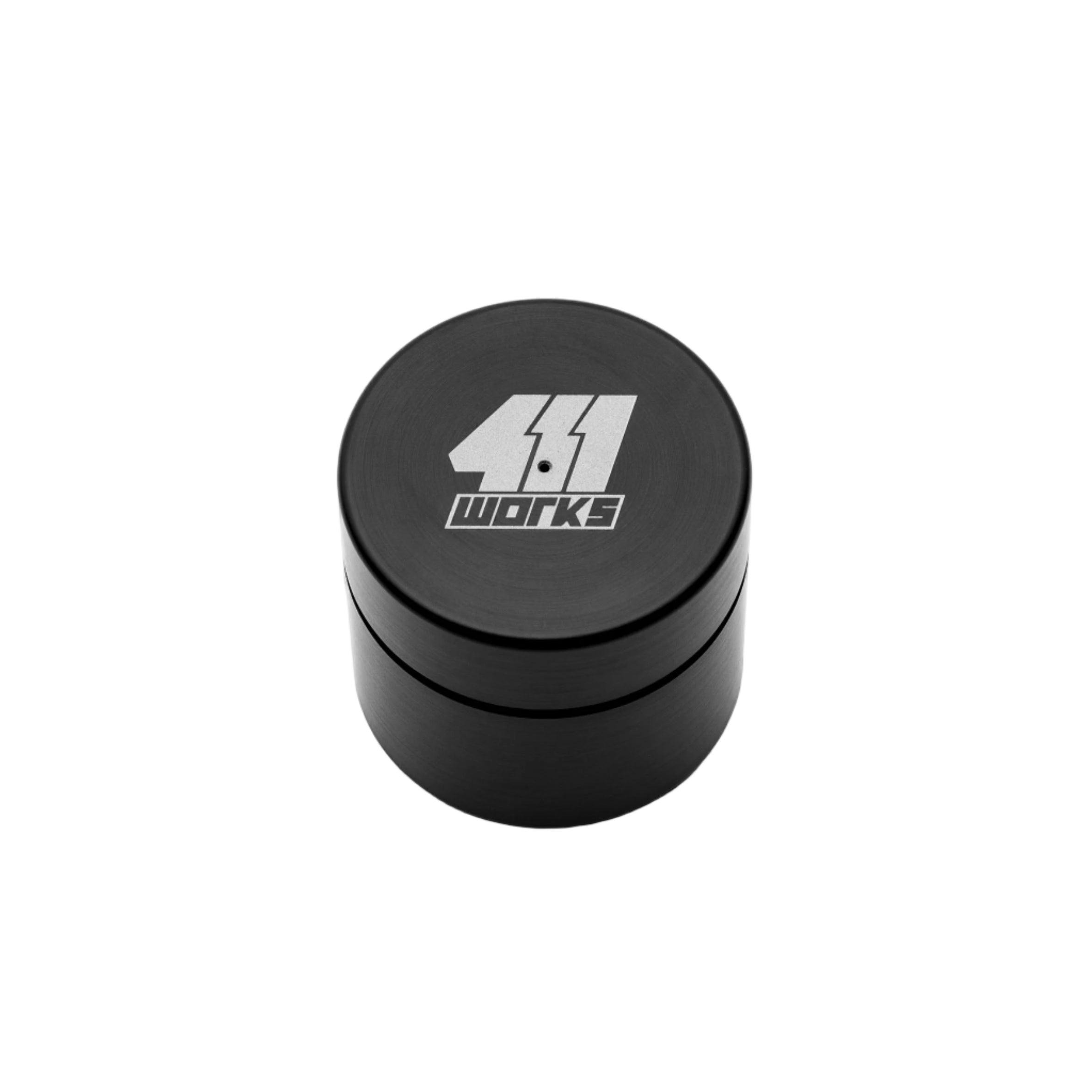 Black cylindrical resevoir with '411 Works' logo on a white background