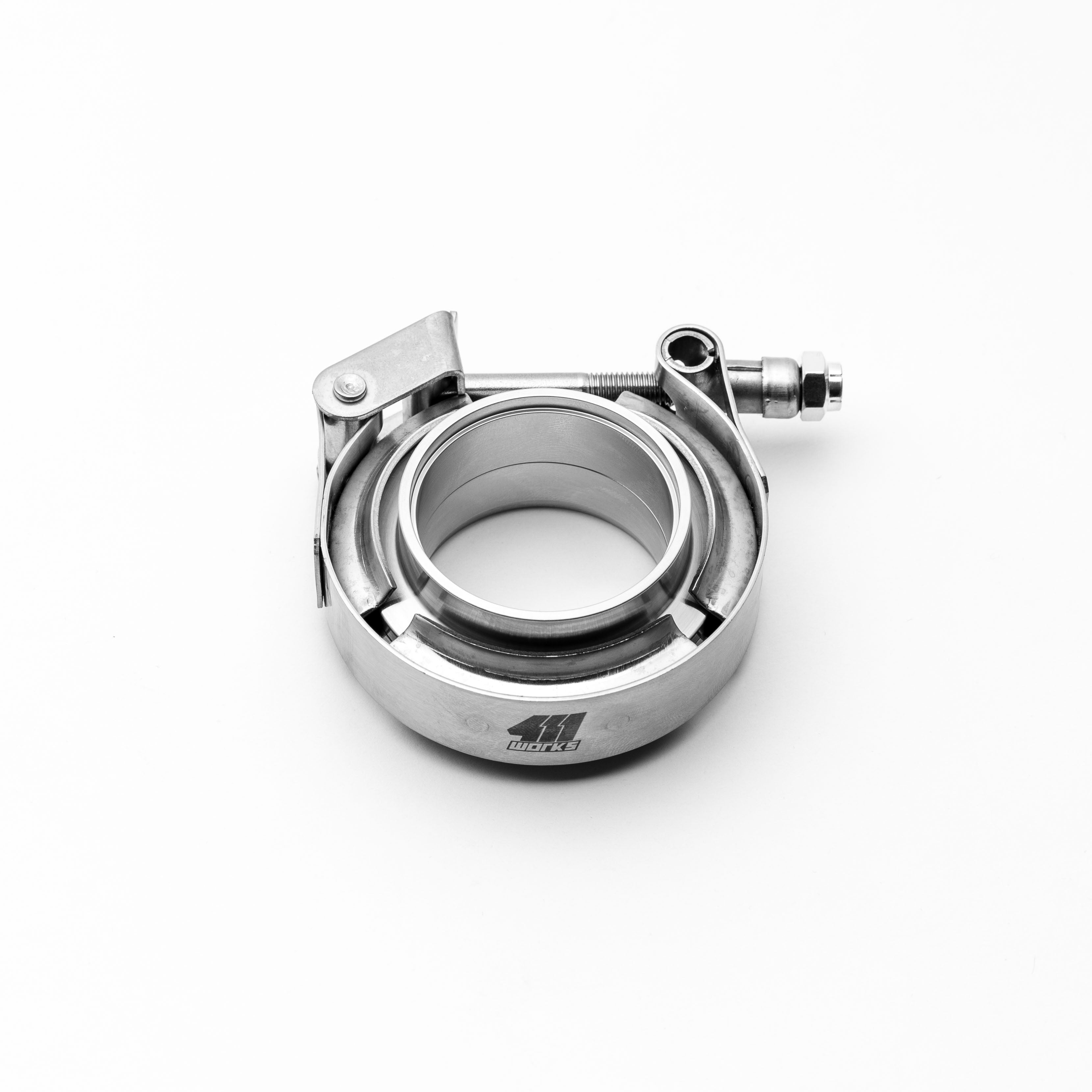 Metallic clamp with a brand logo on a white background