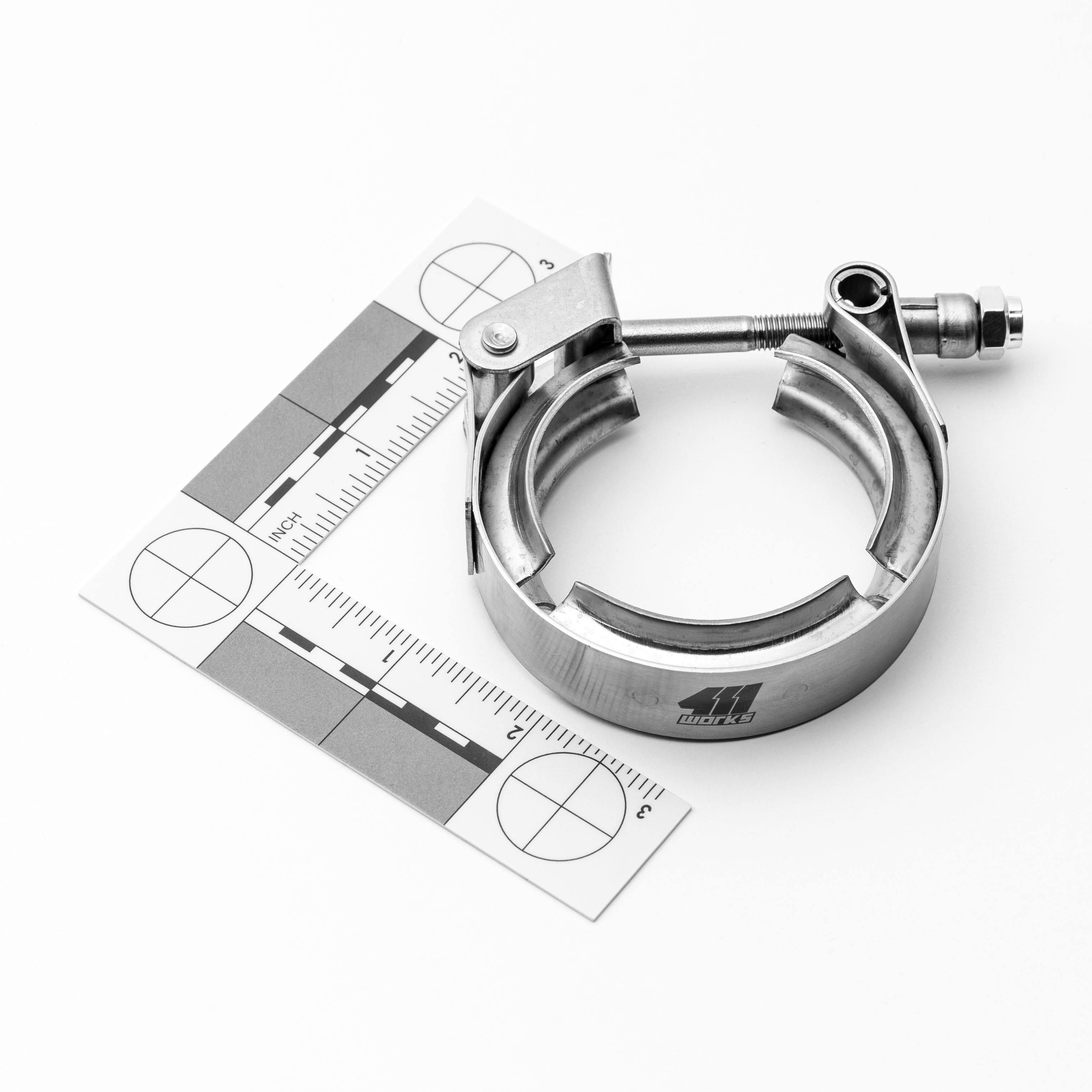 Metal T-bolt clamp with measurement scale on a white background