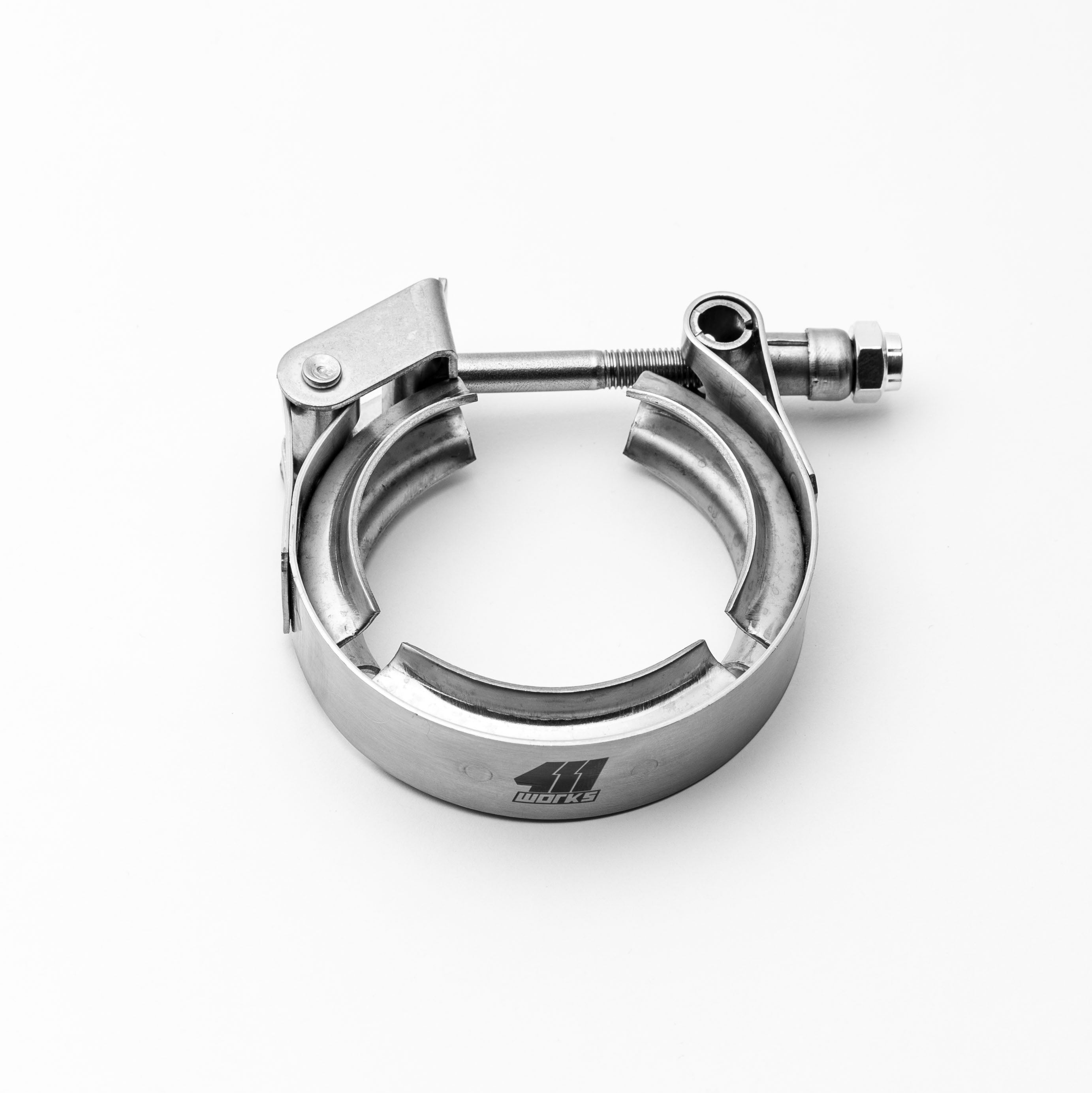 Metal T-bolt clamp on a white background