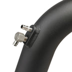 Black powder-coated mandrel bent pipe with welded aluminum port and stainless steel quick-connect fittings for boost or vacuum lines